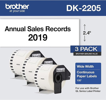 Brother Genuine, DK-22053PK Continuous Paper Label Roll, Cut-to-Length Label, 2.4” x 100 Feet, (3) Rolls Per Box, White (DK22053PK)