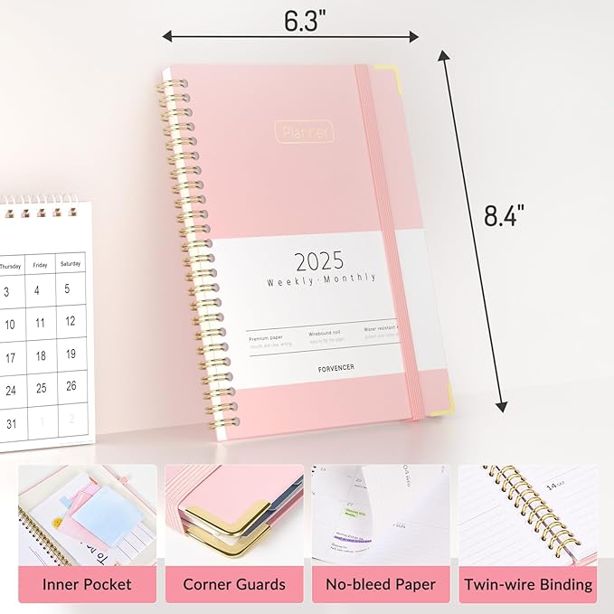 Forvencer 2025 Planner, Hardcover Weekly and Monthly Planner, January 2025 - December 2025, 6" x 8", Spiral Calendar Planner with Tabs, Exquisite Daily Organizer Notebook with Inner Pocket, Agenda Journal for Office Home School, A5 Size, Teal Marble