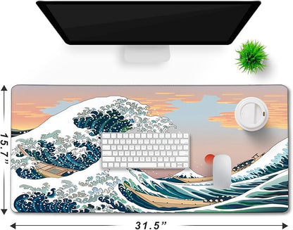 Japanese Large Mouse Pad,Desk Mat Large Office Desk Pad, Extended Large Mouse Mat for PC, Stitched Edges Gamer Mousepad 31.5 X 15.7 Inch Long Mice Pad, Sunset Sea