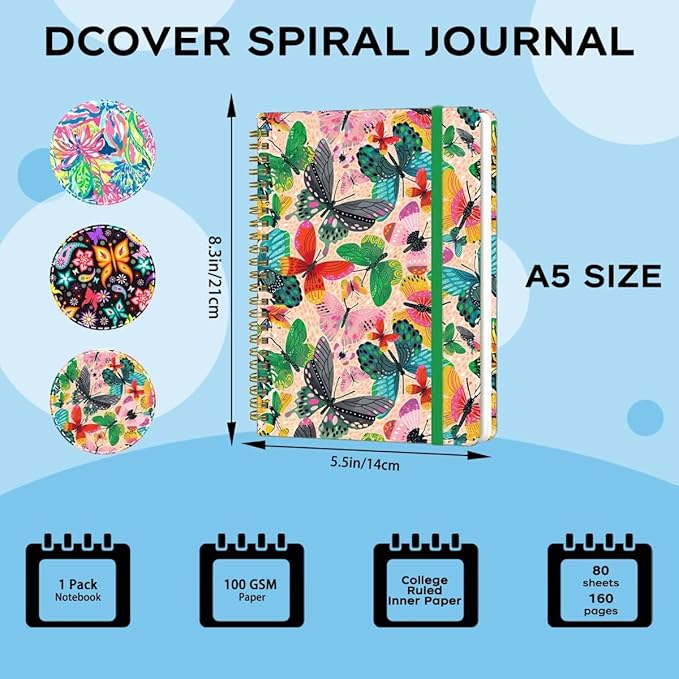 Spiral Notebook - A5 Spiral Notebooks, 8.3'' × 5.8'', 160 Pages, Aesthetic Journaling Notebooks for Women, College Lined Notebook with Elastic Closure, Back Pocket, for School Office, Butterfly Pink