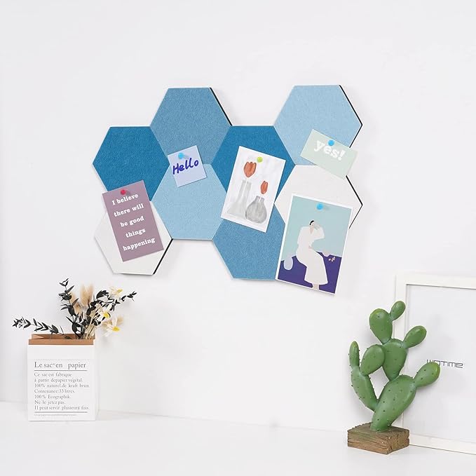LAJAR 8 Pcs Hexagon Felt Bulletin Board Tiles, Self Adhesive Felt Pin Board Wall Tiles for Photos, Pictures, Memos (Cyanine)