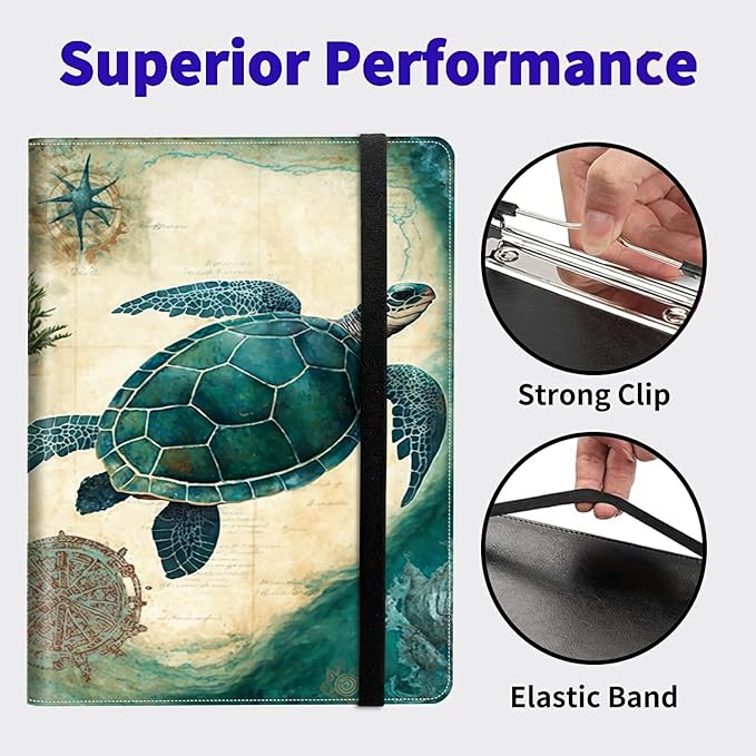 Turtle PU Leather Padfolio Clipboard Notepad with Pen Loop and Elastic Strap Interview/Resume Document Organizer for Business School Office