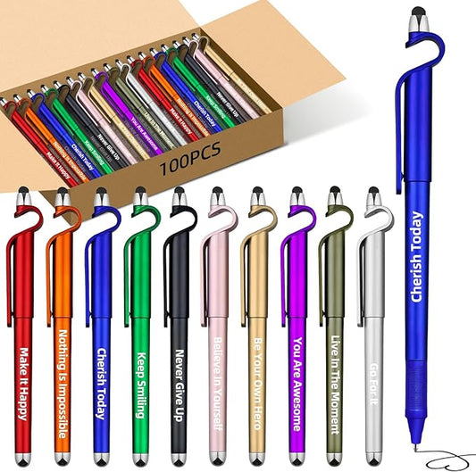 100 Pcs Inspirational Pens Batch, Motivational Ballpoint Pen with Writing Touch Screen And Mobile Phone Stand 3-in-1, Black Ink Office Encouraging Quotes, Office School Supplies Inspirational Gifts