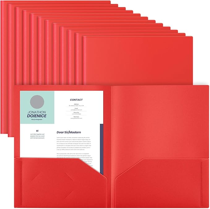 Gueevin 24 Pcs Plastic Folders with Pockets, Two Pocket Folder Fit Letter Size, Heavy Duty School Business Card Holder for Home Office School Bussiness, 11.61 x 9.45 Inches (Red)