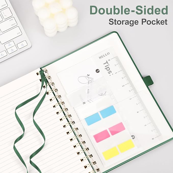 EMSHOI A5 Spiral Notebook Lined Journal for Women Men - Thick 100GSM 140 Numbered Pages College Ruled, PU Leather Hardcover Notebook for Work School Journaling Writing Gift, 6"x8" (DarkGreen)