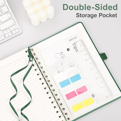 EMSHOI A5 Spiral Notebook Lined Journal for Women Men - Thick 100GSM 140 Numbered Pages College Ruled, PU Leather Hardcover Notebook for Work School Journaling Writing Gift, 6"x8" (DarkGreen)