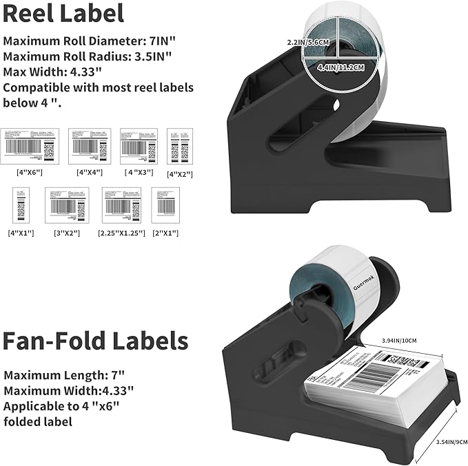 Guermok Thermal Shipping Label Holder for Rolls & Fan-Fold, Fragile Stickers for Shipping, Label Stand Desktop Printer Holder-Home Office Accessory-Sticker Dispenser for Holographic (Black)