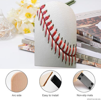 Sport Ball Baseball Lace Wooden Large Book Ends Bookends for Shelves, 2 Pack Non-Skid Bookends for Heave Books, Book Stoppers Holders for Kitchen Office Library, 6.7x4.7x3.9in