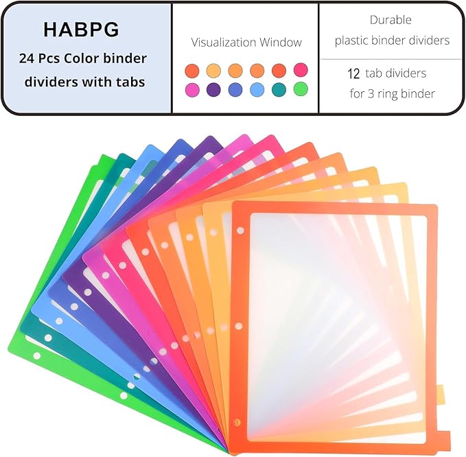 HABGP 3 Ring Binder Dividers, 12-Tab Plastic Clear Binder Dividers, Multicolor Monthly Dividers, Letter Size File Organizer 3 Hole Punch, 2 Set 24 Pcs Write On Tabs for Notebook