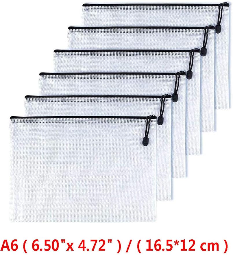 Oaimyy-A6(6"x 4.5"), Mesh Zipper Pouch Document Folders Bag Plastic Zip File Folders for School Office Supplies, Travel, Organizing Storage-Black,6 Pcs