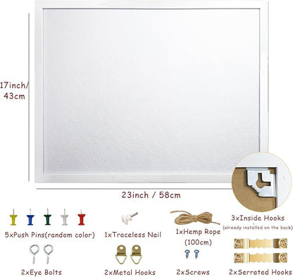 White Bulletin Board Cork Boards Vision Board with Felt, 23"x17" Small Display Pin Board for Walls, Desk, Jewelry, Notes, Collection, Photos, Office, White Framed and Felt Board, 1pc