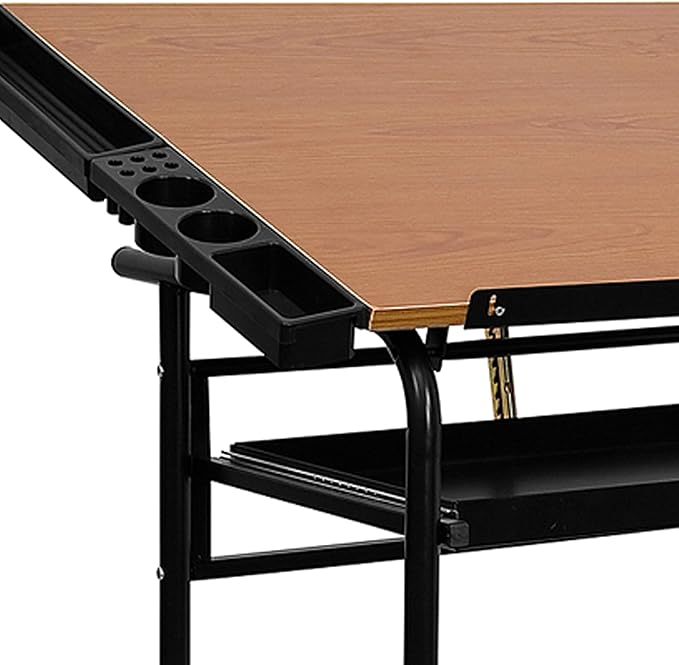Flash Furniture Swanson Adjustable Drawing and Drafting Table with Black Frame and Dual Wheel Casters, Cherry