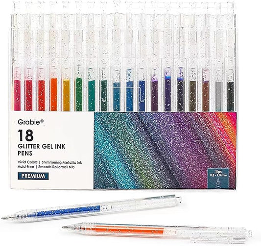 Grabie glitter gel pens 18 Colors,Metallic Vibrant Sparkle gel pens for coloring,Retractable Sparkle glitter markers,glitter pens for adults,colored gel pens for Adult Coloring Books and Drawing