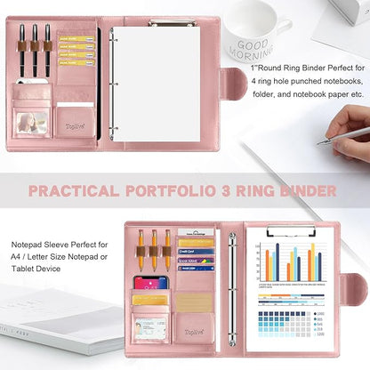 Toplive Portfolio 3 Ring Binder Padfolio Folder, Business Interview Resume Portfolio for Women Men A4/Letter Size Document Organizer with Clipboard Receipt Sleeve Card Holder, Rose Gold