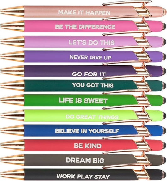 12 Pieces Motivational Inspirational Quotes Snarky Screen Touch Stylus Ballpoint Pens, Office Encouraging Scriptures, Black Ink