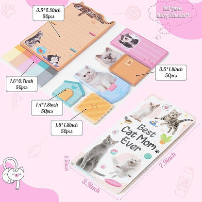 B1ykin Sticky Notes Set - Cartoon Theme Cute Self-Stick Notes Pad Teacher Appreciation Gifts， Self-Adhesive Writing Memo Pages Sticky to Do Notepad for Kids Employee School Office (Cat Lovers)