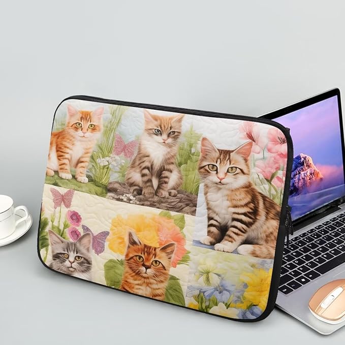 Cat Floral Printed Computer Case Bag for Girls Boys, Washable 15 Inch Laptop Bag Carrying Case Cute Laptop Briefcase Neoprene with Zipper, Compatible with Various Computers