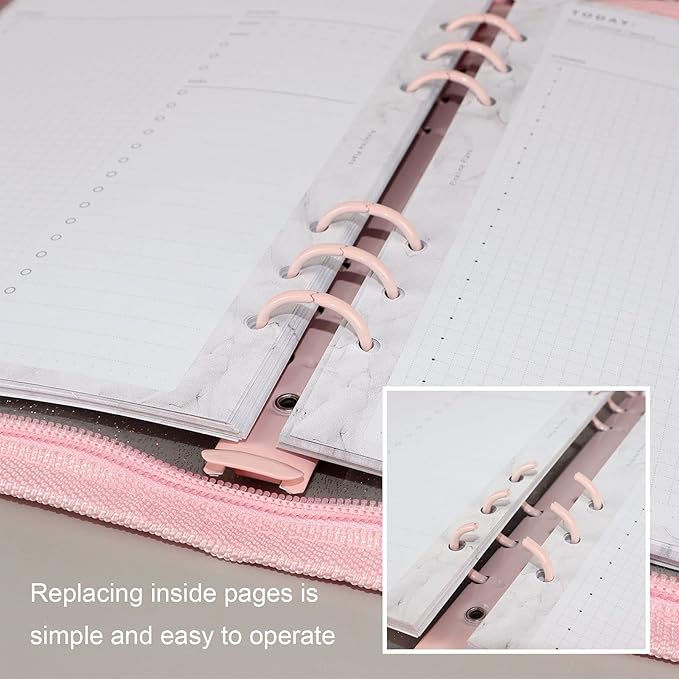 Multibey A5 Binder Cover Clear Soft PVC 6-Ring Binder Cash Budget Evelopes System with Zipper Planner Organizer Refillable Notebook Journal Binder (Pink, A5)