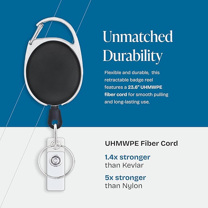 Will Well ID Badge Holders with Clip and Keyring - Vertical Clear Plastic 3.58" x 2.52" Sleeves Fit Up to 3 Cards - Retractable 24" UHMWPE Fiber Pull Cords for Easy Access - 5-Pack, Black Reels