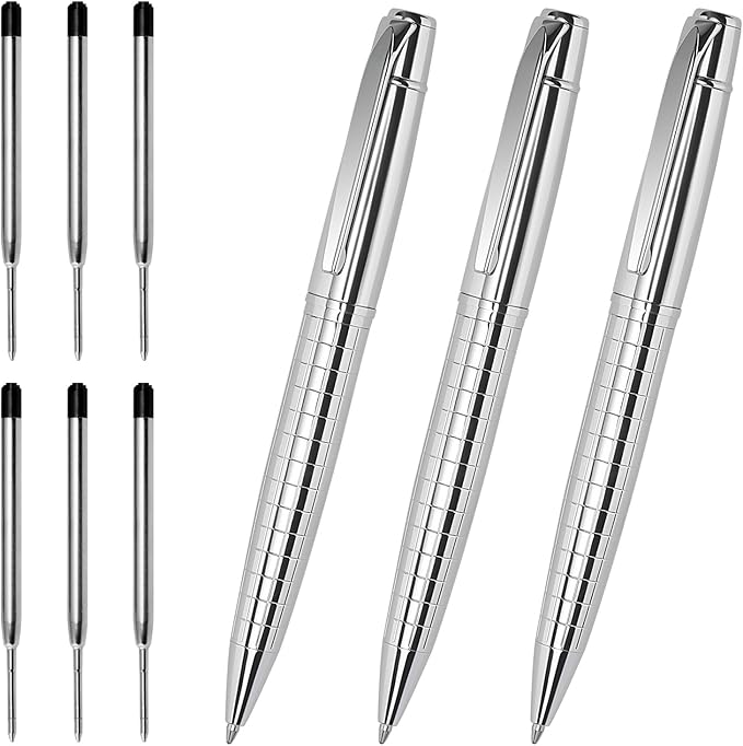 Cambond Ballpoint Pens Black Pens - Bulk Pens Metal Pen for Journaling Gift Business Men Police Flight Attendants 1.0 mm Medium Point Nice Pens, 3 Pens with 6 Refills (Sliver)