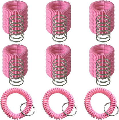 Pack of 36 Colorful Spring Spiral Wrist Coil Key Chain, Wristband Key Ring (Solid Pink)