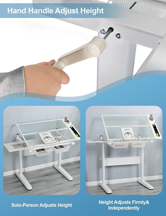 Hand Adjustable Height Drafting Table Artist Drawing Table Multifunctional Art Craft Artists Desk Tilting Glass Tabletop Glass Topped Art Desk Work Station With Stool and Chair for Home Office White