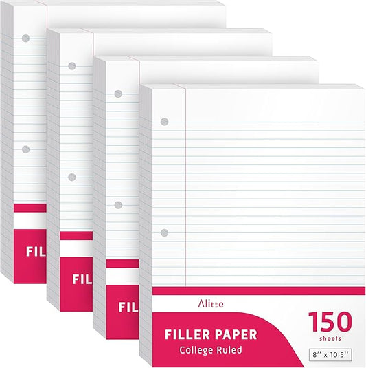 Loose Leaf Paper, College Ruled, 600 Sheets (150/Pack) Filler Paper for Writing Notes - School, College, Office 3 Hole-Punch Lined Sheets for Ring Binders, Pocket Folders - White, 8 x 10.5