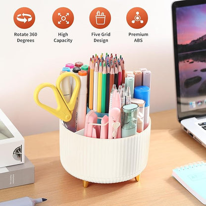 Desk Pencil Pen Holder, 5 Slots 360°Degree Rotating Pencil Pen Organizers for Desk, Desktop Storage Stationery Supplies Organizer, Cute Pencil Cup Pot for Office, School, Home, Art Supply, Beige