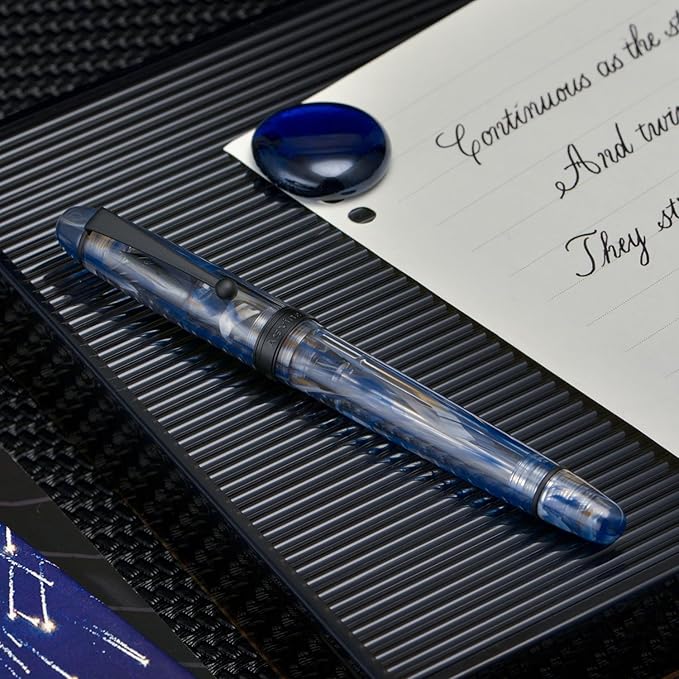 Asvine V126 Vacuum Filling Fountain Pen Blue Swirl Acrylic, Medium Nib Large-Capacity with Gift Case