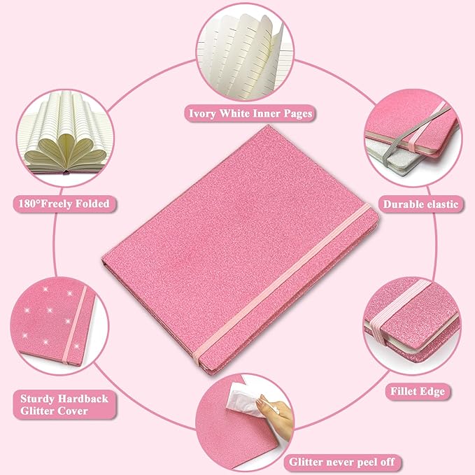 Pink Glitter Notebook, 8.3x5.7” 160 Lined Pages Glitter Never Peel Off Sparkle Journal for Girls College Ruled A5 Hardcover Notebooks for Teens Women Writing Note Taking Office Work School Gifts