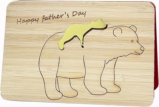 Fathers Day Cards,Handmade Bamboo Greeting Cards,Wooden Thankyou Card,Father's day Card for Dad,Bear dad
