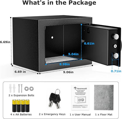 Bonsaii Safe Box with Key Lock, Steel Security Lock Box, 0.23 Cubic Feet, 9.06" W x 6.69" D x 6.69" H, Small Hidden Safe for Cash Jewelry