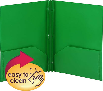 Smead Poly Two-Pocket Folder, Three-Hole Punch Prong Fasteners, Letter Size, Green, 3 per Pack (87732)