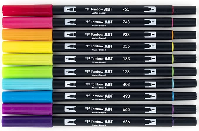 Tombow 56185 Dual Brush Pen Art Markers, Bright, 10-Pack. Blendable, Brush and Fine Tip Markers