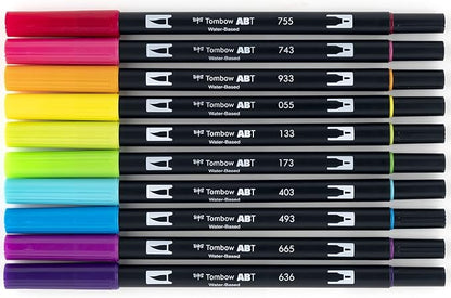 Tombow 56185 Dual Brush Pen Art Markers, Bright, 10-Pack. Blendable, Brush and Fine Tip Markers