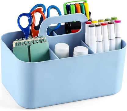 Multiuse Caddy Organizer with Handle - Stackable Plastic Tote Bin - Art Craft Supplies, Office, Desk, Stationery Pen Holder, Kitchen, Utensil, Makeup, Bathroom, Shower, Cleaning, Dorm Organizer - Blue