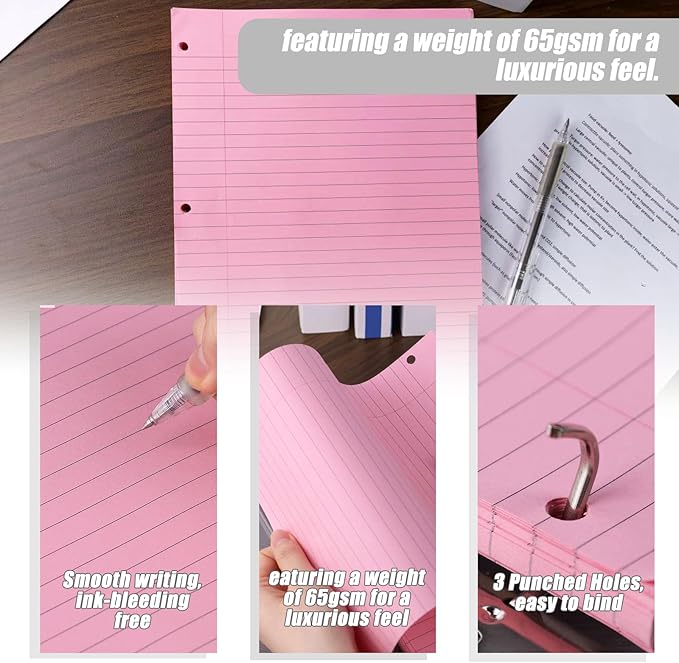 HIBOX 100 Sheets Lined Loose Leaf Paper, Pink 3 Holes Ruled Binder Refill Paper Filler Paper for Women Girls Writing Work Meeting Note Taking