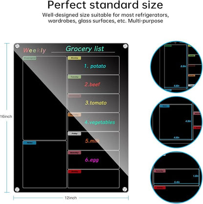 Fridge Calendar Meal Planning Board, Dry Erase Acrylic Magnetic Monthly Weekly Calendar Planner for Refrigerator with 6 Colors Markers (Black-Weekly(15.7x11.8))