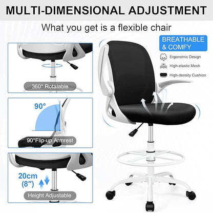 Drafting Chair Tall Office Chair with Flip-up Armrests, Adjustable Height, and Enhanced Lumbar Support - Ergonomic Rolling Stool, Back Support, and Adjustable Foot Rest Ring for Standing Desk White