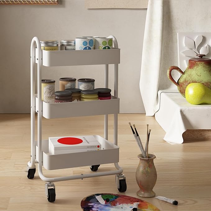 3-Tier Rolling Cart,Metal Rolling Utility Cart with Handle,Steel Multifunction Carts with Wheels,Kitchen Storage Carts Suitable for Office,Home,Kitchen,Garden（13.4"x18.1"x31"） White