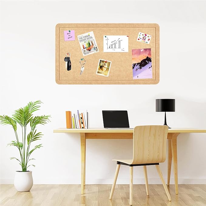 Vuzvuv Wood Brown 28"x16" Large Cork Board with 50 Push Pins & Sticky Notes, Self-Adhesive Bulletin Board No Damage for Wall, Felt Pin Board for Paste Notes, Photos, Schedules Offices Home