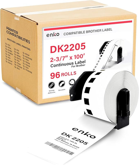 enKo - Compatible DK-2205 Continuous Paper Labels (2.4 Inch x 100 Feet) Compatible for Brother QL Label Printers - 96 Rolls with 32 Refillable Cartridge Frames