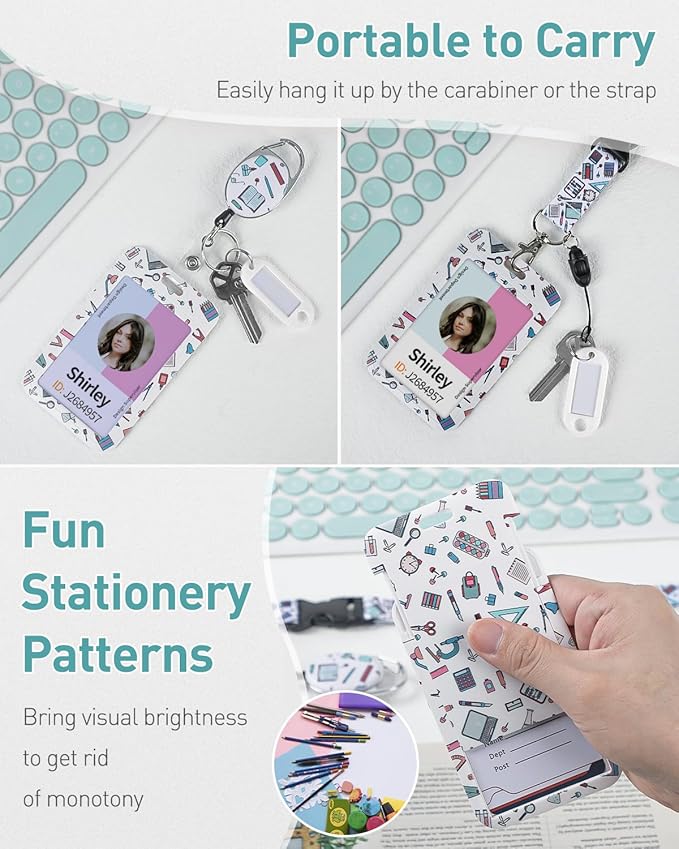 Uniclife Fashionable Sliding Badge Holder Stationery Pattern Plastic Case with Retractable Badge Reel Carabiner Clip & Detachable Lanyard Strap Vertical Card Protector for Women Nurse Teacher Student