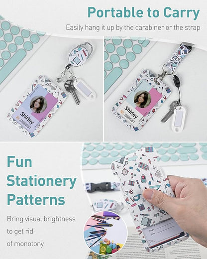 Uniclife Fashionable Sliding Badge Holder Stationery Pattern Plastic Case with Retractable Badge Reel Carabiner Clip & Detachable Lanyard Strap Vertical Card Protector for Women Nurse Teacher Student