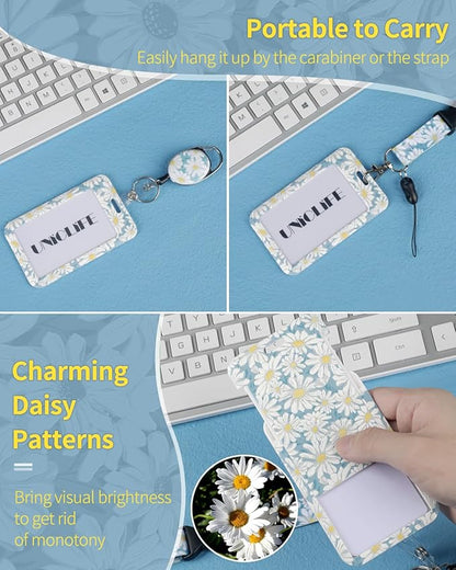 Uniclife Floral Sliding Badge Holder Daisy Flower Plastic Case with Retractable Badge Reel Carabiner Clip & Detachable Lanyard Strap Fashionable Vertical Card Protector for Women Nurse Teacher Student