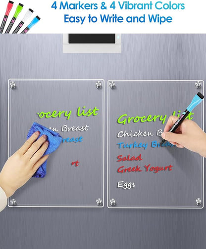MaxGear Small Magnetic Dry Erase Board for Refrigerator, 12"X 8" Acrylic Magnetic Whiteboard for Fridge Clear White Board Kitchen Menu Board Memo Note Planner, Includes 4 Markers, 1 Cloth