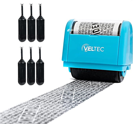 Veltec ID Protector Ink Roller - Identity Theft Protection Roller Stamp Set (Blue, Stamp+6 Refills)