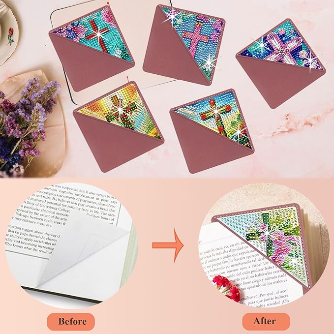 Diamond Art Painting Bookmarks,8Pcs DIY Cute Diamond Art Kits for Adults, Corner Bookmarks Small Crafts Kit Gifts for Women Book Lovers (Cross)