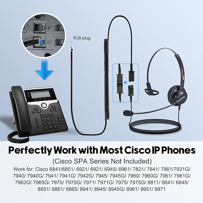 MKJ Cisco Headset Noise Canceling Wired Headphones with Microphone Corded RJ9 Telephone Headset for Cisco Office Phones CP-7821 7940 7942G 7945G 7961G 7962G 7965G 7971G 7975G 8865 9951