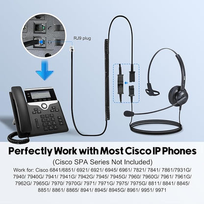 MKJ Cisco Headset Noise Canceling Wired Headphones with Microphone Corded RJ9 Telephone Headset for Cisco Office Phones CP-7821 7940 7942G 7945G 7961G 7962G 7965G 7971G 7975G 8865 9951